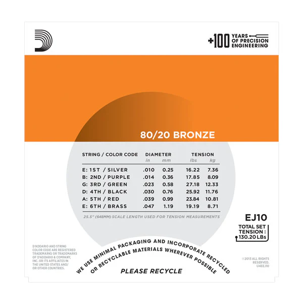 Daddario EJ10 80/20 Bronze Acoustic Guitar Strings, Extra Light, 10-47 - Image 3