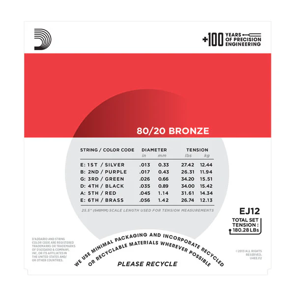 Daddario EJ12 80/20 Bronze Acoustic Guitar Strings, Medium, 13-56 - Image 3