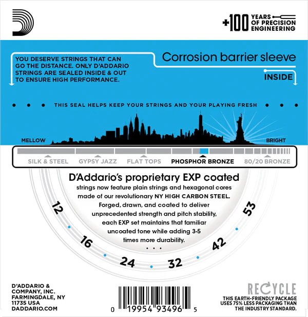 D’Addario EXP16 Coated Phosphor Bronze Acoustic Guitar, Light, 12-53 - Image 5